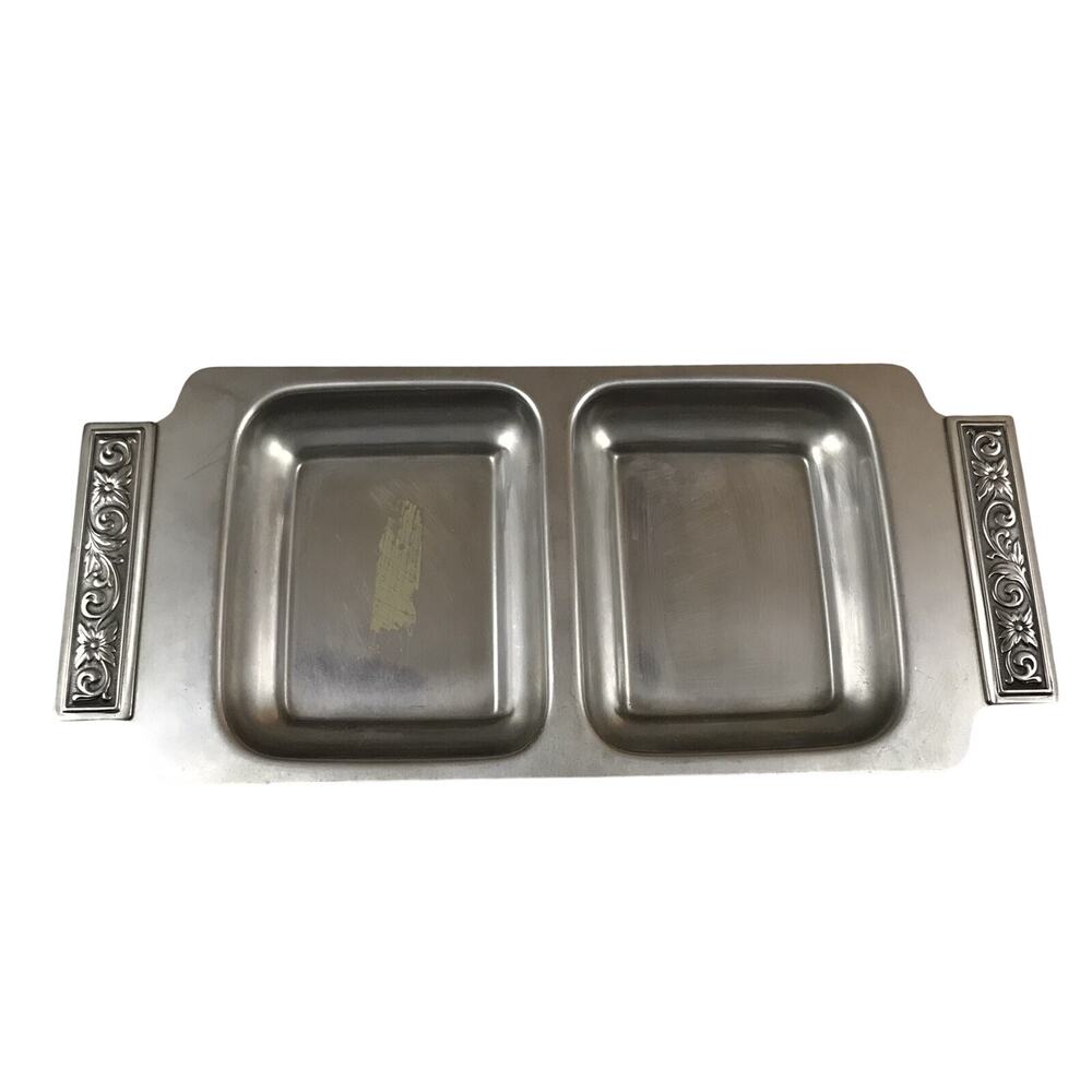 Stainless Steel Tray Japanese Decorator Two Compartment with Floral Handles